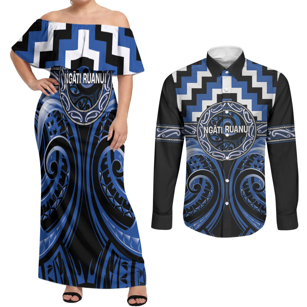 Aotearoa Ngati Ruanui Personalised Couples Matching Off Shoulder Maxi Dress and Long Sleeve Button Shirt Maori Iwi Poutama Puhoro Tattoo