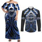 Aotearoa Ngati Ruanui Personalised Couples Matching Off Shoulder Maxi Dress and Long Sleeve Button Shirt Maori Iwi Poutama Puhoro Tattoo