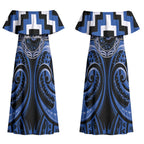 Aotearoa Ngati Ruanui Personalised Couples Matching Off Shoulder Maxi Dress and Long Sleeve Button Shirt Maori Iwi Poutama Puhoro Tattoo