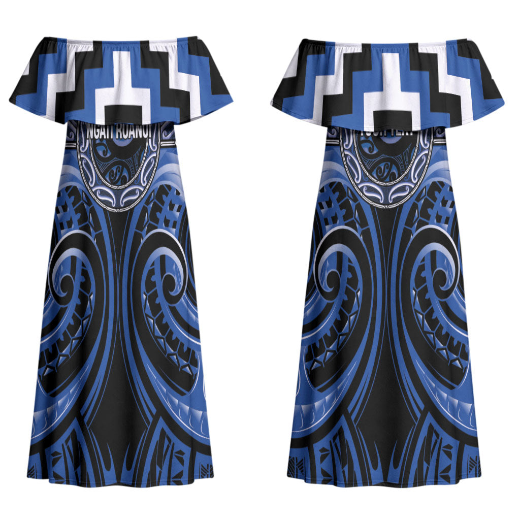 Aotearoa Ngati Ruanui Personalised Couples Matching Off Shoulder Maxi Dress and Long Sleeve Button Shirt Maori Iwi Poutama Puhoro Tattoo