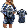 Aotearoa Ngati Ruanui Personalised Couples Matching Off Shoulder Short Dress and Hawaiian Shirt Maori Iwi Poutama Puhoro Tattoo