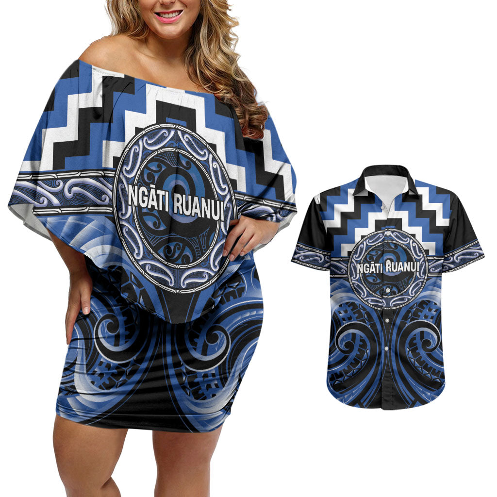 Aotearoa Ngati Ruanui Personalised Couples Matching Off Shoulder Short Dress and Hawaiian Shirt Maori Iwi Poutama Puhoro Tattoo