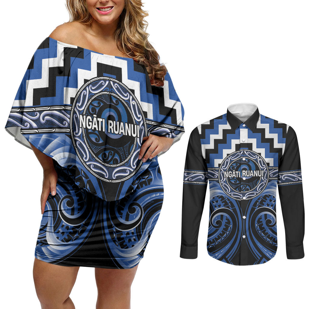 Aotearoa Ngati Ruanui Personalised Couples Matching Off Shoulder Short Dress and Long Sleeve Button Shirt Maori Iwi Poutama Puhoro Tattoo
