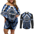 Aotearoa Ngati Ruanui Personalised Couples Matching Off Shoulder Short Dress and Long Sleeve Button Shirt Maori Iwi Poutama Puhoro Tattoo