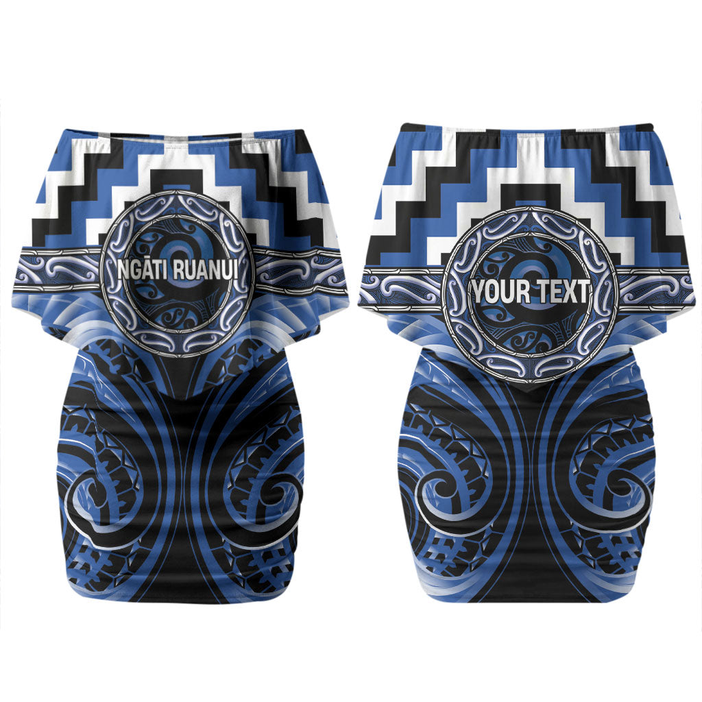 Aotearoa Ngati Ruanui Personalised Couples Matching Off Shoulder Short Dress and Long Sleeve Button Shirt Maori Iwi Poutama Puhoro Tattoo