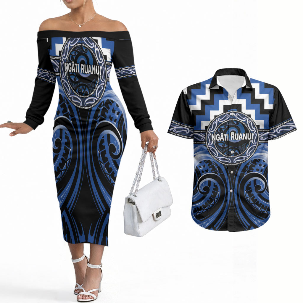 Aotearoa Ngati Ruanui Personalised Couples Matching Off The Shoulder Long Sleeve Dress and Hawaiian Shirt Maori Iwi Poutama Puhoro Tattoo