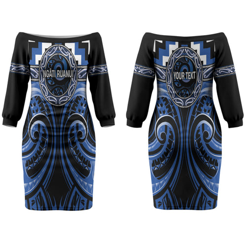 Aotearoa Ngati Ruanui Personalised Couples Matching Off The Shoulder Long Sleeve Dress and Hawaiian Shirt Maori Iwi Poutama Puhoro Tattoo