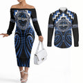 Aotearoa Ngati Ruanui Personalised Couples Matching Off The Shoulder Long Sleeve Dress and Long Sleeve Button Shirt Maori Iwi Poutama Puhoro Tattoo