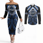 Aotearoa Ngati Ruanui Personalised Couples Matching Off The Shoulder Long Sleeve Dress and Long Sleeve Button Shirt Maori Iwi Poutama Puhoro Tattoo