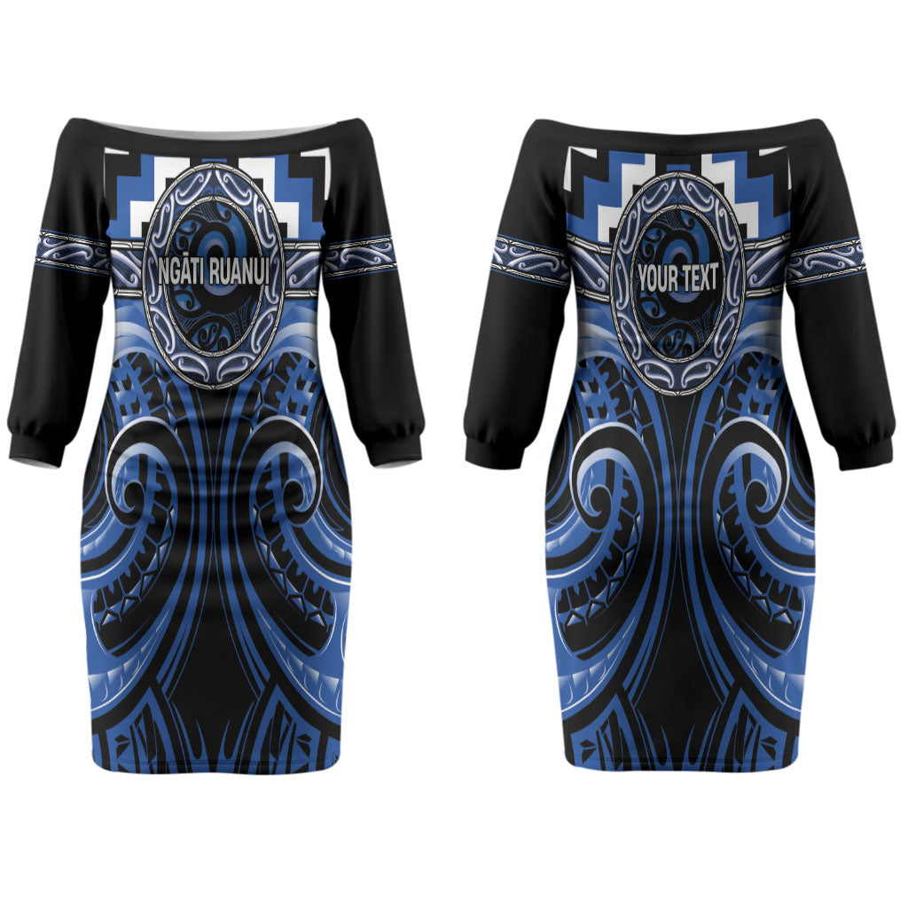 Aotearoa Ngati Ruanui Personalised Couples Matching Off The Shoulder Long Sleeve Dress and Long Sleeve Button Shirt Maori Iwi Poutama Puhoro Tattoo