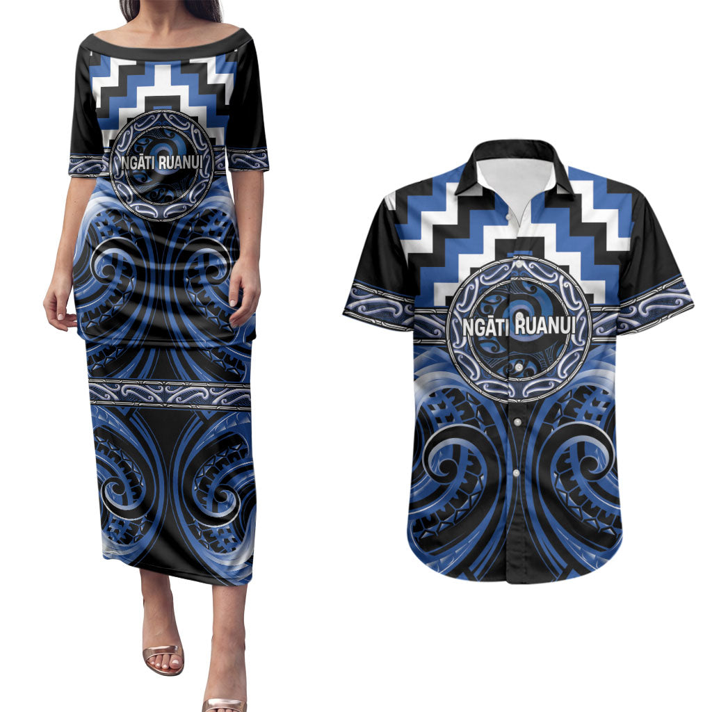 Aotearoa Ngati Ruanui Personalised Couples Matching Puletasi and Hawaiian Shirt Maori Iwi Poutama Puhoro Tattoo