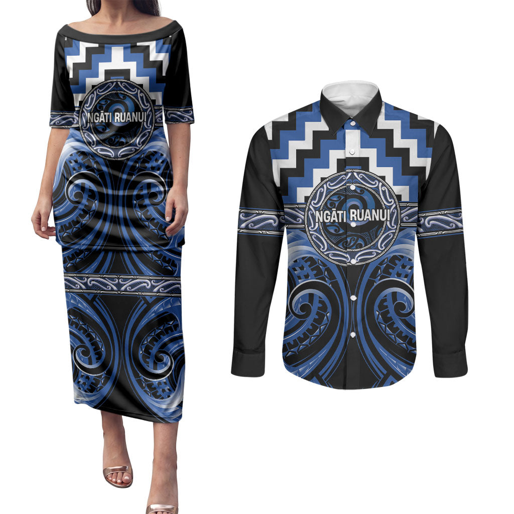 Aotearoa Ngati Ruanui Personalised Couples Matching Puletasi and Long Sleeve Button Shirt Maori Iwi Poutama Puhoro Tattoo