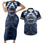 Aotearoa Ngati Ruanui Personalised Couples Matching Short Sleeve Bodycon Dress and Hawaiian Shirt Maori Iwi Poutama Puhoro Tattoo