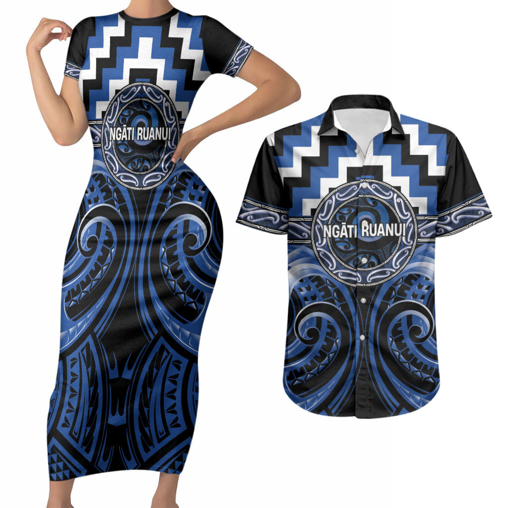 Aotearoa Ngati Ruanui Personalised Couples Matching Short Sleeve Bodycon Dress and Hawaiian Shirt Maori Iwi Poutama Puhoro Tattoo
