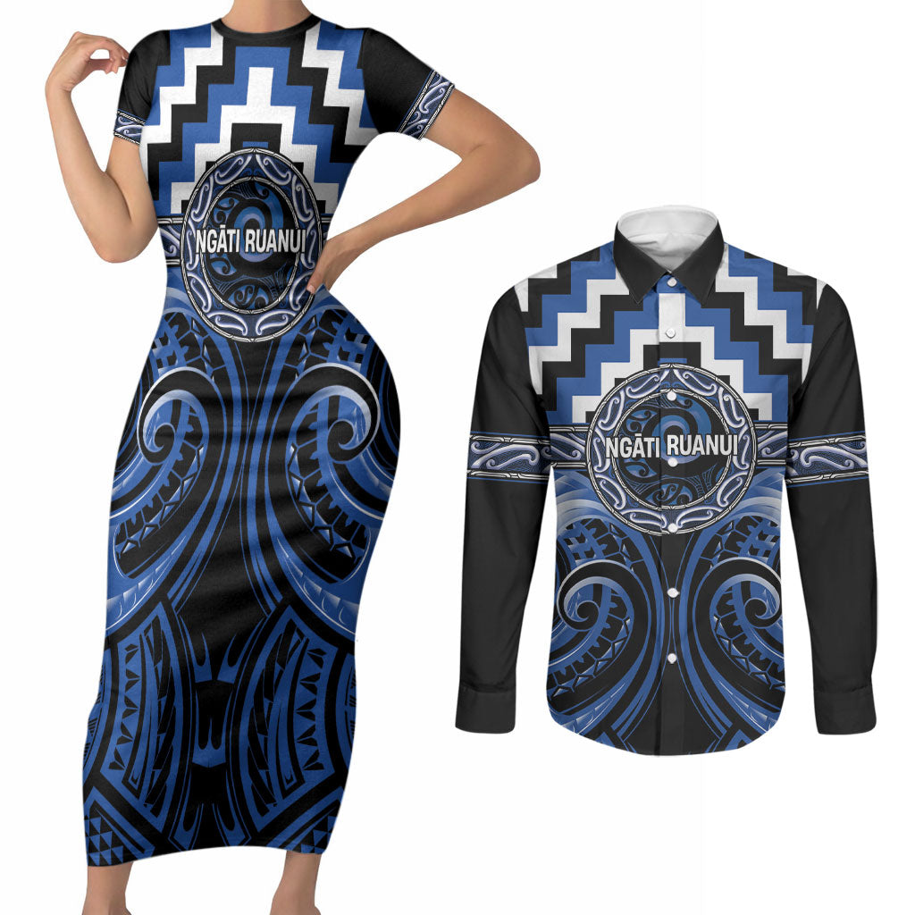 Aotearoa Ngati Ruanui Personalised Couples Matching Short Sleeve Bodycon Dress and Long Sleeve Button Shirt Maori Iwi Poutama Puhoro Tattoo