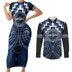 Aotearoa Ngati Ruanui Personalised Couples Matching Short Sleeve Bodycon Dress and Long Sleeve Button Shirt Maori Iwi Poutama Puhoro Tattoo