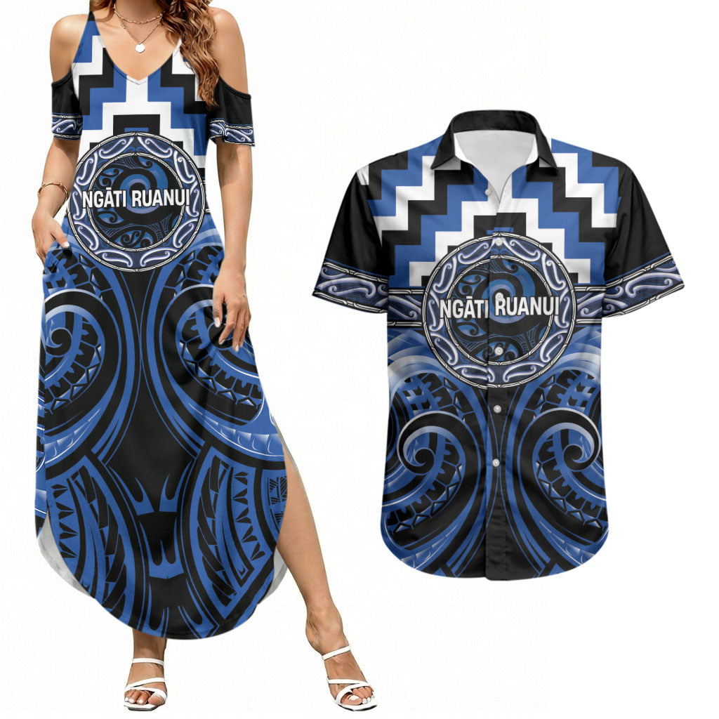 Aotearoa Ngati Ruanui Personalised Couples Matching Summer Maxi Dress and Hawaiian Shirt Maori Iwi Poutama Puhoro Tattoo