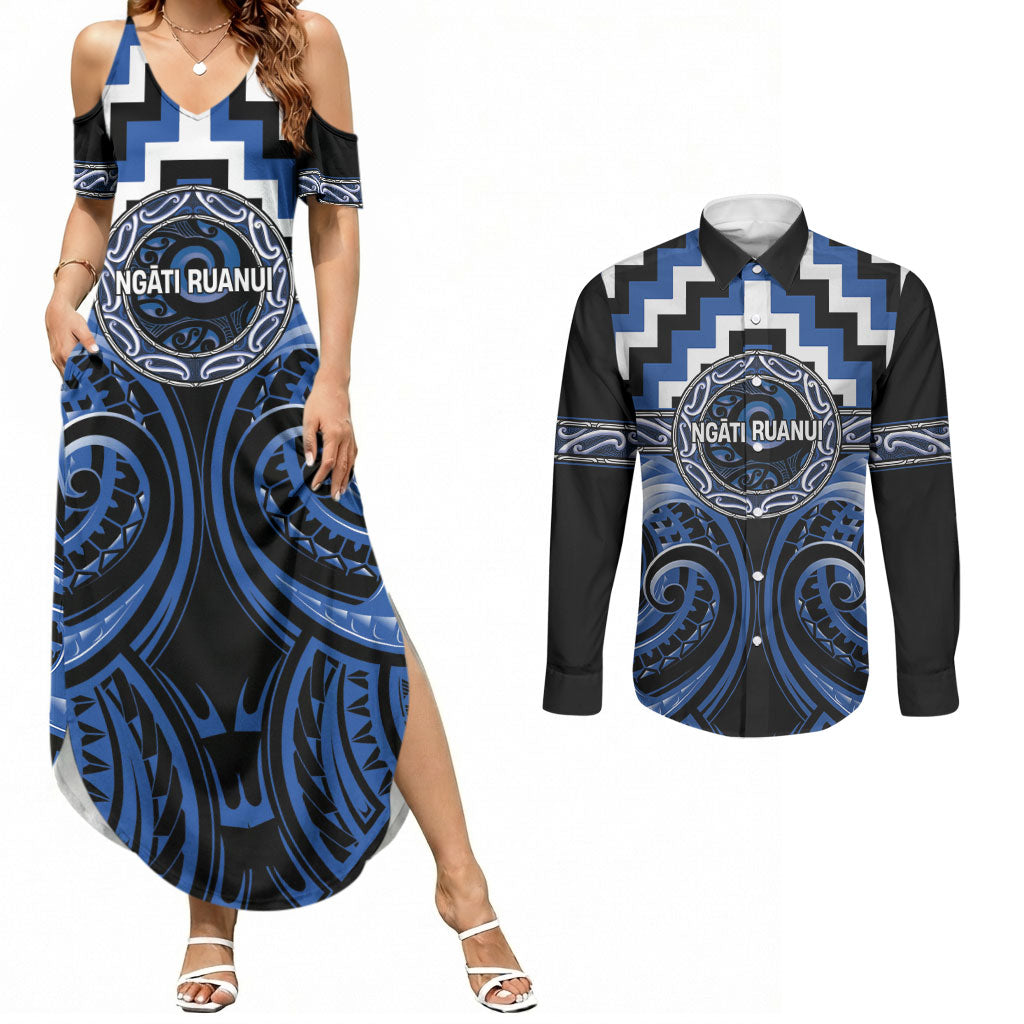Aotearoa Ngati Ruanui Personalised Couples Matching Summer Maxi Dress and Long Sleeve Button Shirt Maori Iwi Poutama Puhoro Tattoo