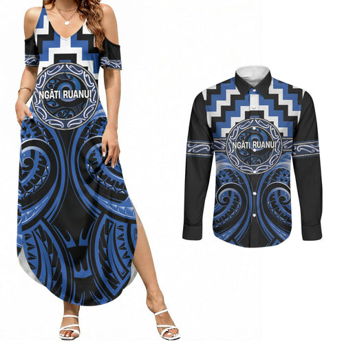 Aotearoa Ngati Ruanui Personalised Couples Matching Summer Maxi Dress and Long Sleeve Button Shirt Maori Iwi Poutama Puhoro Tattoo