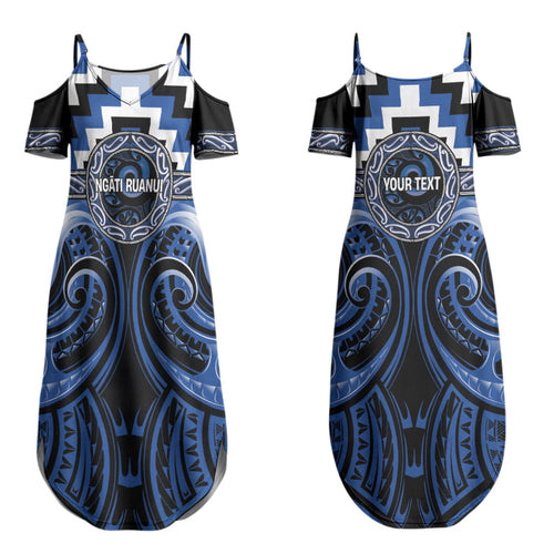 Aotearoa Ngati Ruanui Personalised Couples Matching Summer Maxi Dress and Long Sleeve Button Shirt Maori Iwi Poutama Puhoro Tattoo
