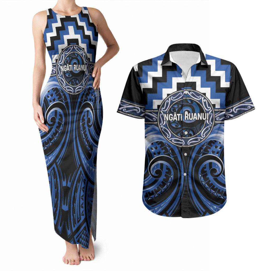 Aotearoa Ngati Ruanui Personalised Couples Matching Tank Maxi Dress and Hawaiian Shirt Maori Iwi Poutama Puhoro Tattoo