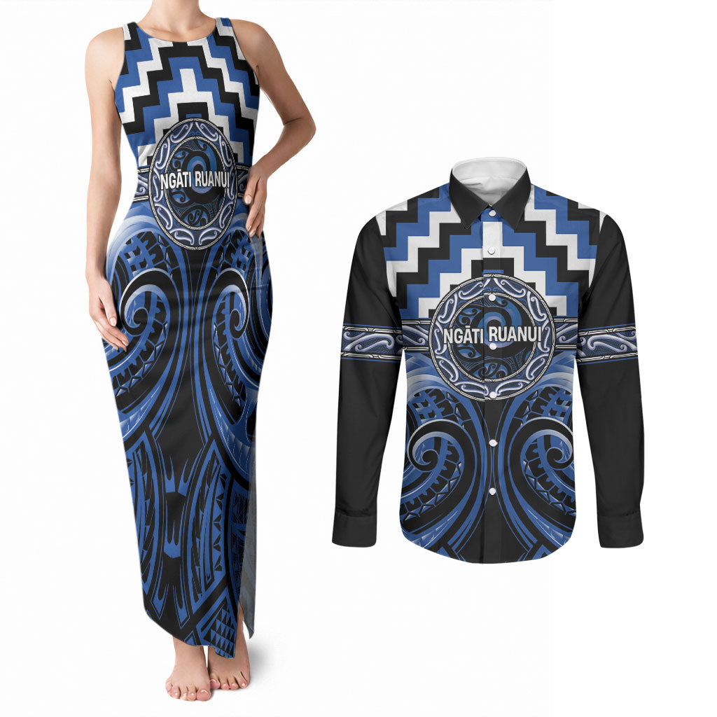 Aotearoa Ngati Ruanui Personalised Couples Matching Tank Maxi Dress and Long Sleeve Button Shirt Maori Iwi Poutama Puhoro Tattoo