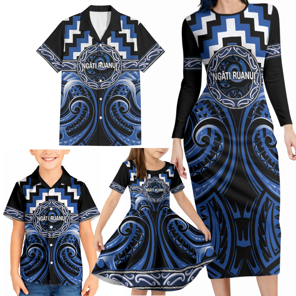 Aotearoa Ngati Ruanui Personalised Family Matching Long Sleeve Bodycon Dress and Hawaiian Shirt Maori Iwi Poutama Puhoro Tattoo