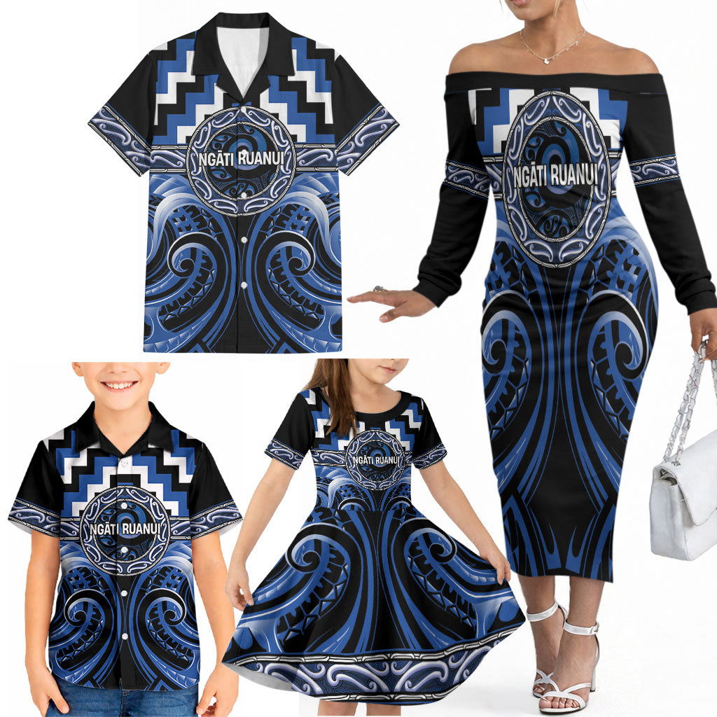 Aotearoa Ngati Ruanui Personalised Family Matching Off The Shoulder Long Sleeve Dress and Hawaiian Shirt Maori Iwi Poutama Puhoro Tattoo