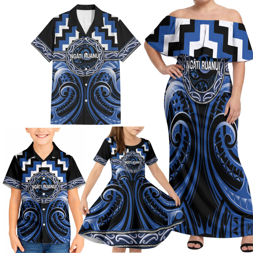 Aotearoa Ngati Ruanui Personalised Family Matching Off Shoulder Maxi Dress and Hawaiian Shirt Maori Iwi Poutama Puhoro Tattoo