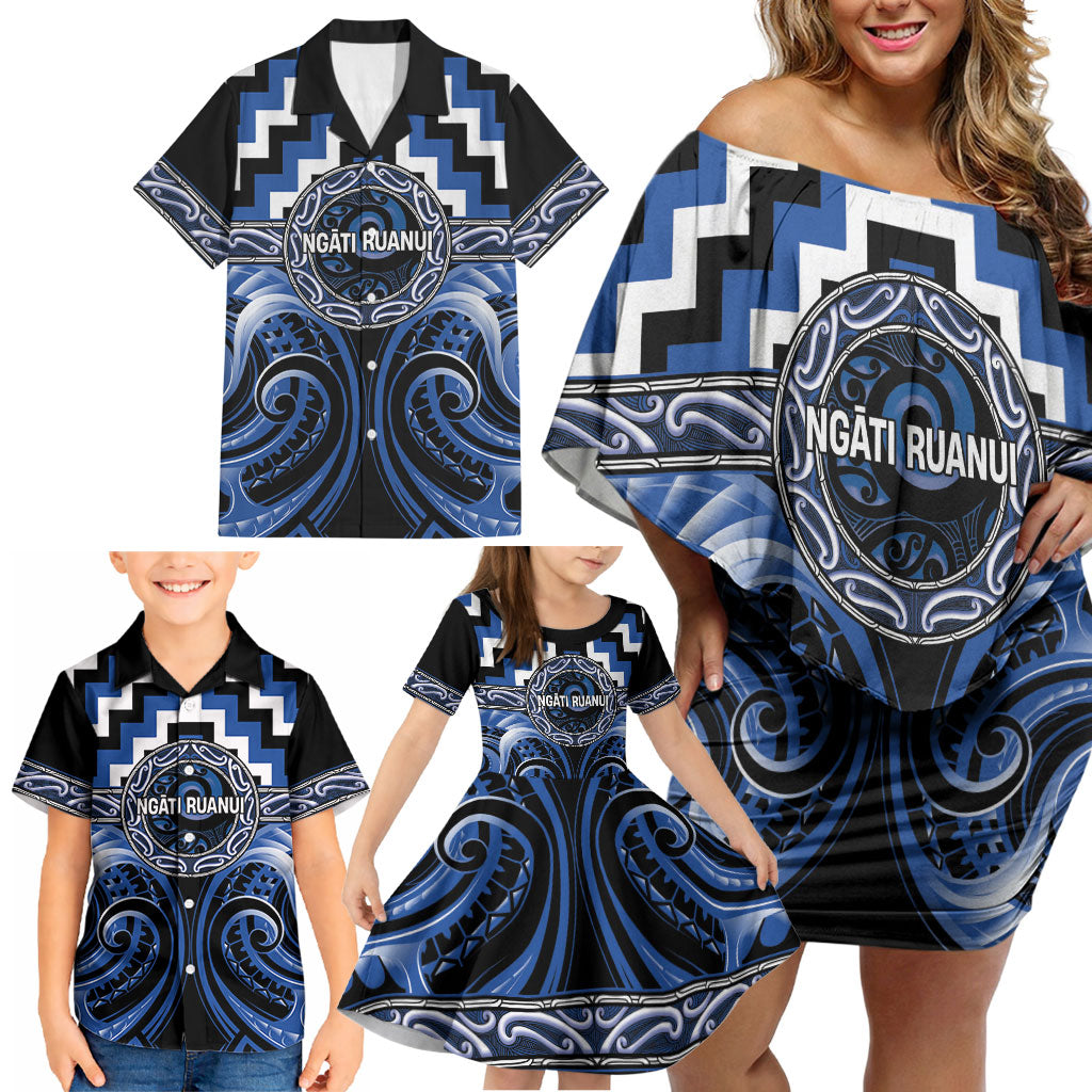 Aotearoa Ngati Ruanui Personalised Family Matching Off Shoulder Short Dress and Hawaiian Shirt Maori Iwi Poutama Puhoro Tattoo