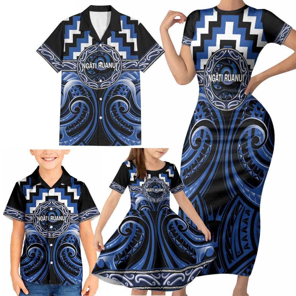 Aotearoa Ngati Ruanui Personalised Family Matching Short Sleeve Bodycon Dress and Hawaiian Shirt Maori Iwi Poutama Puhoro Tattoo