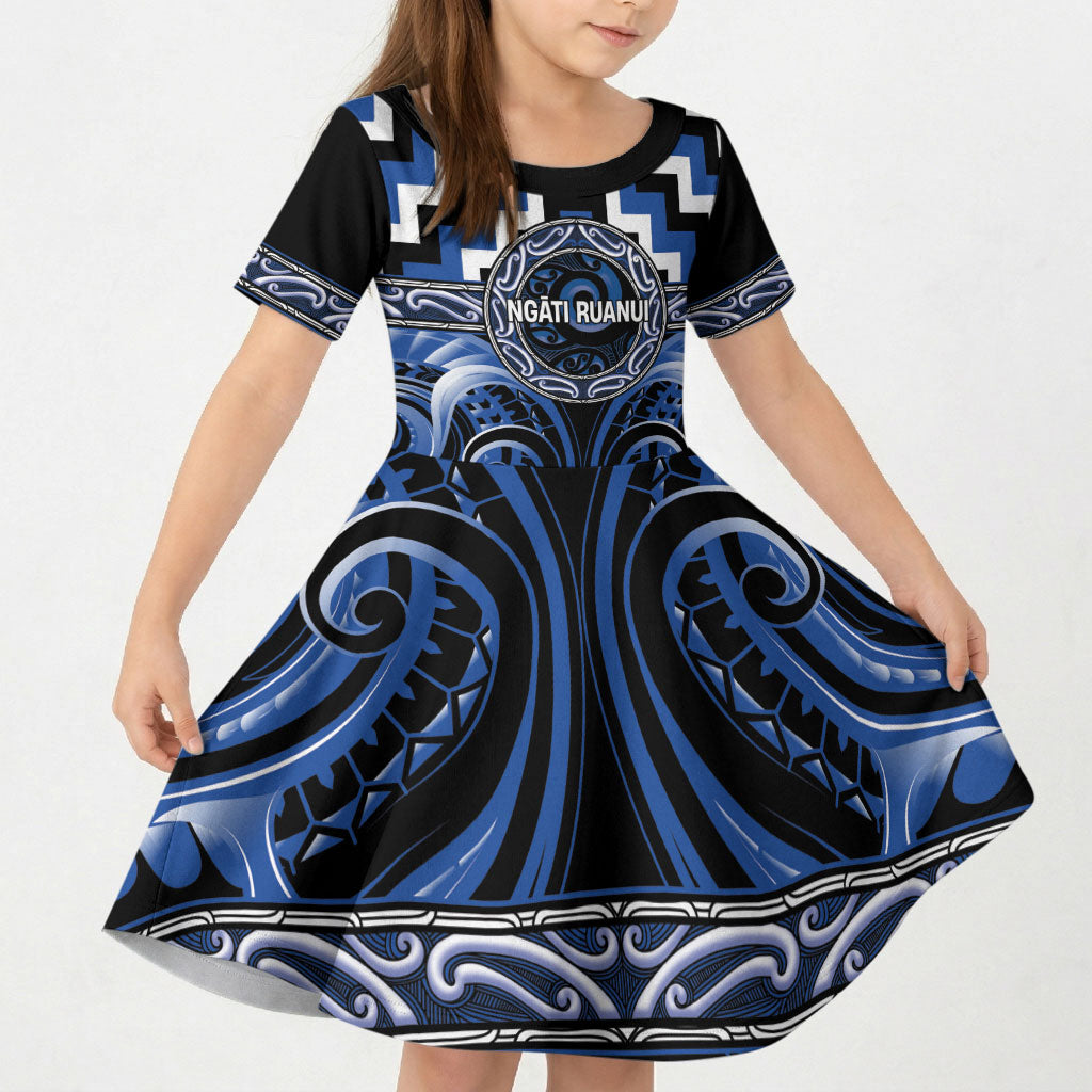 Aotearoa Ngati Ruanui Personalised Kid Short Sleeve Dress Maori Iwi Poutama Puhoro Tattoo