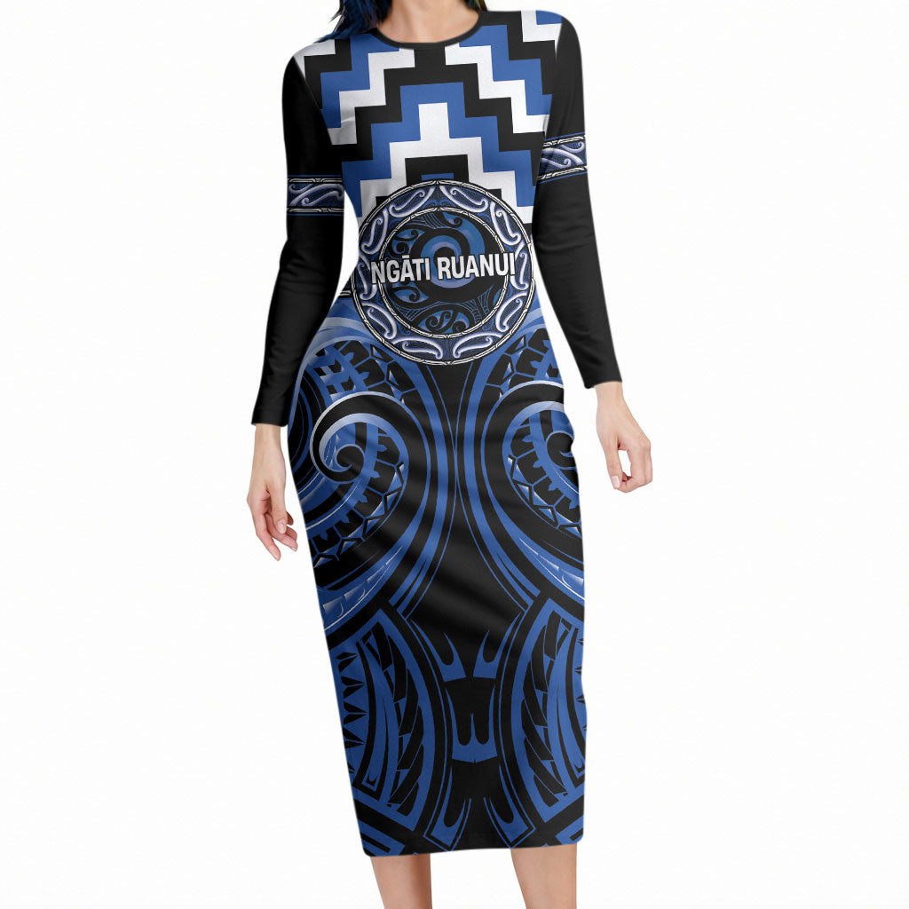 Aotearoa Ngati Ruanui Personalised Long Sleeve Bodycon Dress Maori Iwi Poutama Puhoro Tattoo