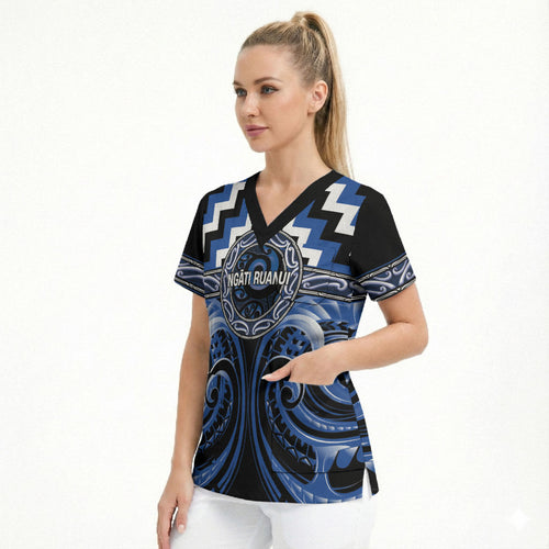 Aotearoa Ngati Ruanui Personalised Scrub Top Maori Iwi Poutama Puhoro Tattoo
