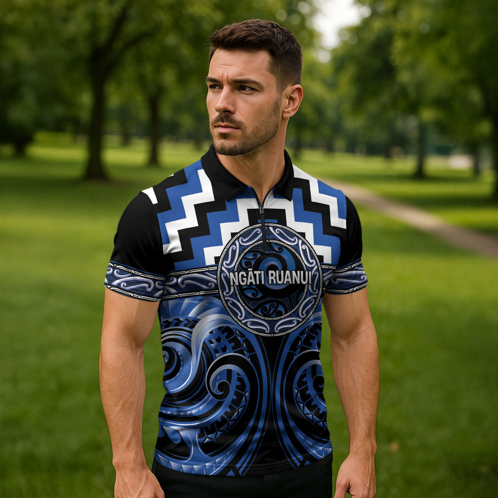 Aotearoa Ngati Ruanui Personalised Zipper Polo Shirt Maori Iwi Poutama Puhoro Tattoo