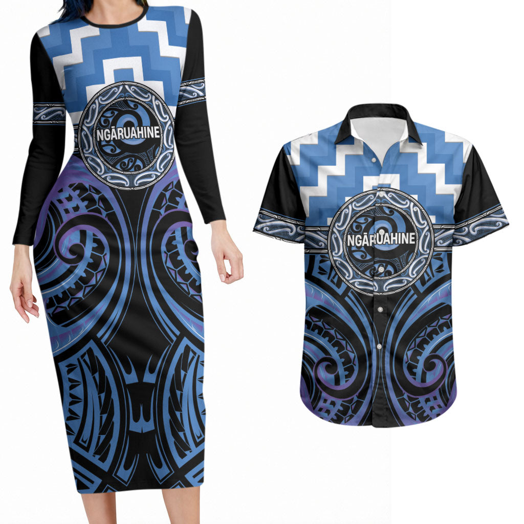 Aotearoa Ngaruahine Personalised Couples Matching Long Sleeve Bodycon Dress and Hawaiian Shirt Maori Iwi Poutama Puhoro Tattoo