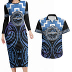 Aotearoa Ngaruahine Personalised Couples Matching Long Sleeve Bodycon Dress and Hawaiian Shirt Maori Iwi Poutama Puhoro Tattoo