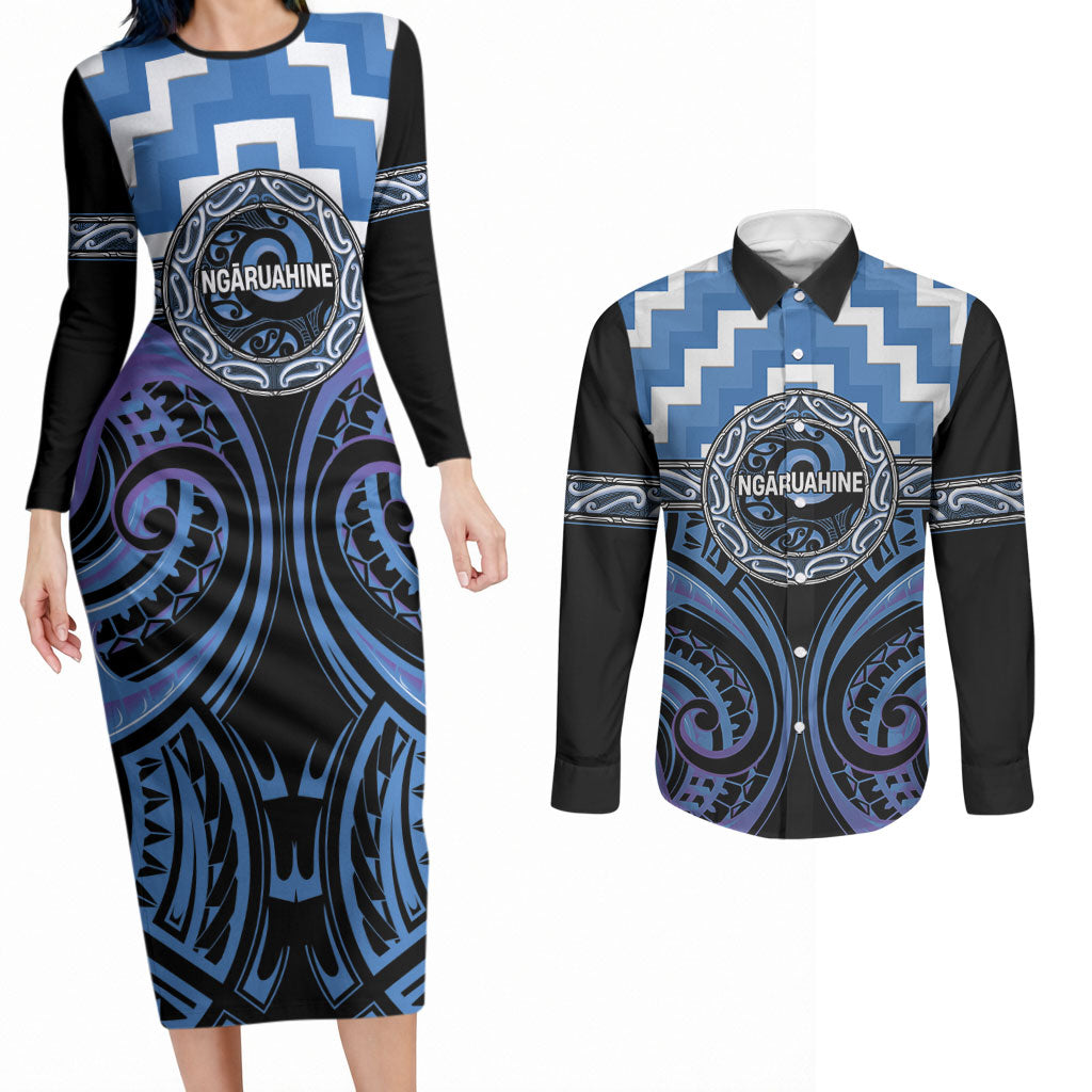 Aotearoa Ngaruahine Personalised Couples Matching Long Sleeve Bodycon Dress and Long Sleeve Button Shirt Maori Iwi Poutama Puhoro Tattoo