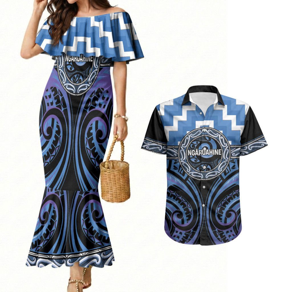 Aotearoa Ngaruahine Personalised Couples Matching Mermaid Dress and Hawaiian Shirt Maori Iwi Poutama Puhoro Tattoo