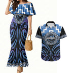 Aotearoa Ngaruahine Personalised Couples Matching Mermaid Dress and Hawaiian Shirt Maori Iwi Poutama Puhoro Tattoo