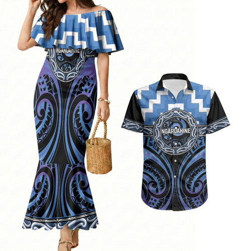 Aotearoa Ngaruahine Personalised Couples Matching Mermaid Dress and Hawaiian Shirt Maori Iwi Poutama Puhoro Tattoo