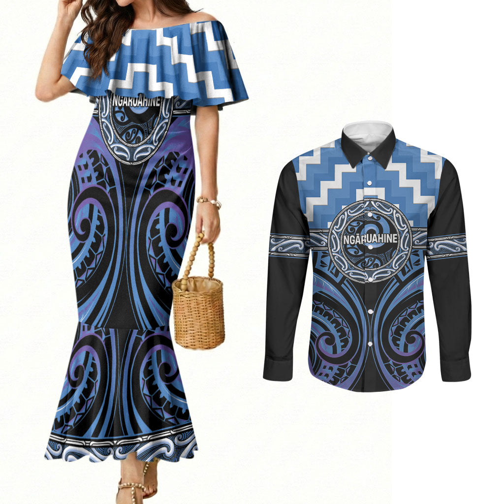 Aotearoa Ngaruahine Personalised Couples Matching Mermaid Dress and Long Sleeve Button Shirt Maori Iwi Poutama Puhoro Tattoo