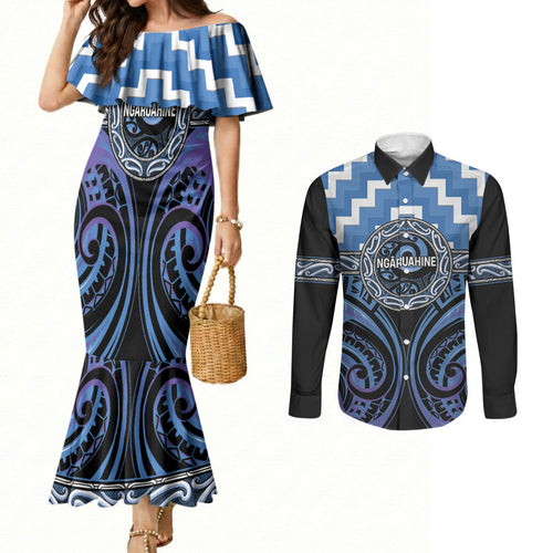 Aotearoa Ngaruahine Personalised Couples Matching Mermaid Dress and Long Sleeve Button Shirt Maori Iwi Poutama Puhoro Tattoo