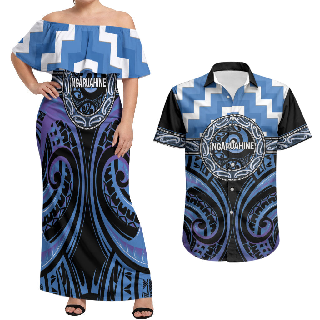Aotearoa Ngaruahine Personalised Couples Matching Off Shoulder Maxi Dress and Hawaiian Shirt Maori Iwi Poutama Puhoro Tattoo