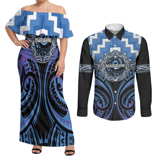 Aotearoa Ngaruahine Personalised Couples Matching Off Shoulder Maxi Dress and Long Sleeve Button Shirt Maori Iwi Poutama Puhoro Tattoo