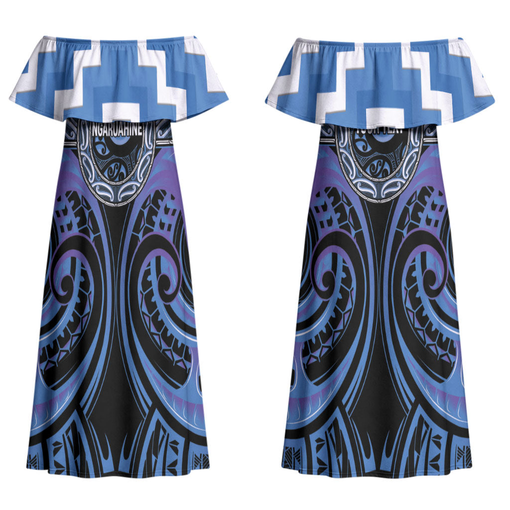 Aotearoa Ngaruahine Personalised Couples Matching Off Shoulder Maxi Dress and Long Sleeve Button Shirt Maori Iwi Poutama Puhoro Tattoo