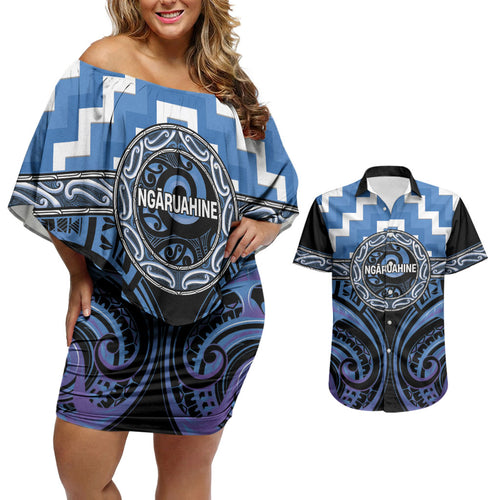 Aotearoa Ngaruahine Personalised Couples Matching Off Shoulder Short Dress and Hawaiian Shirt Maori Iwi Poutama Puhoro Tattoo