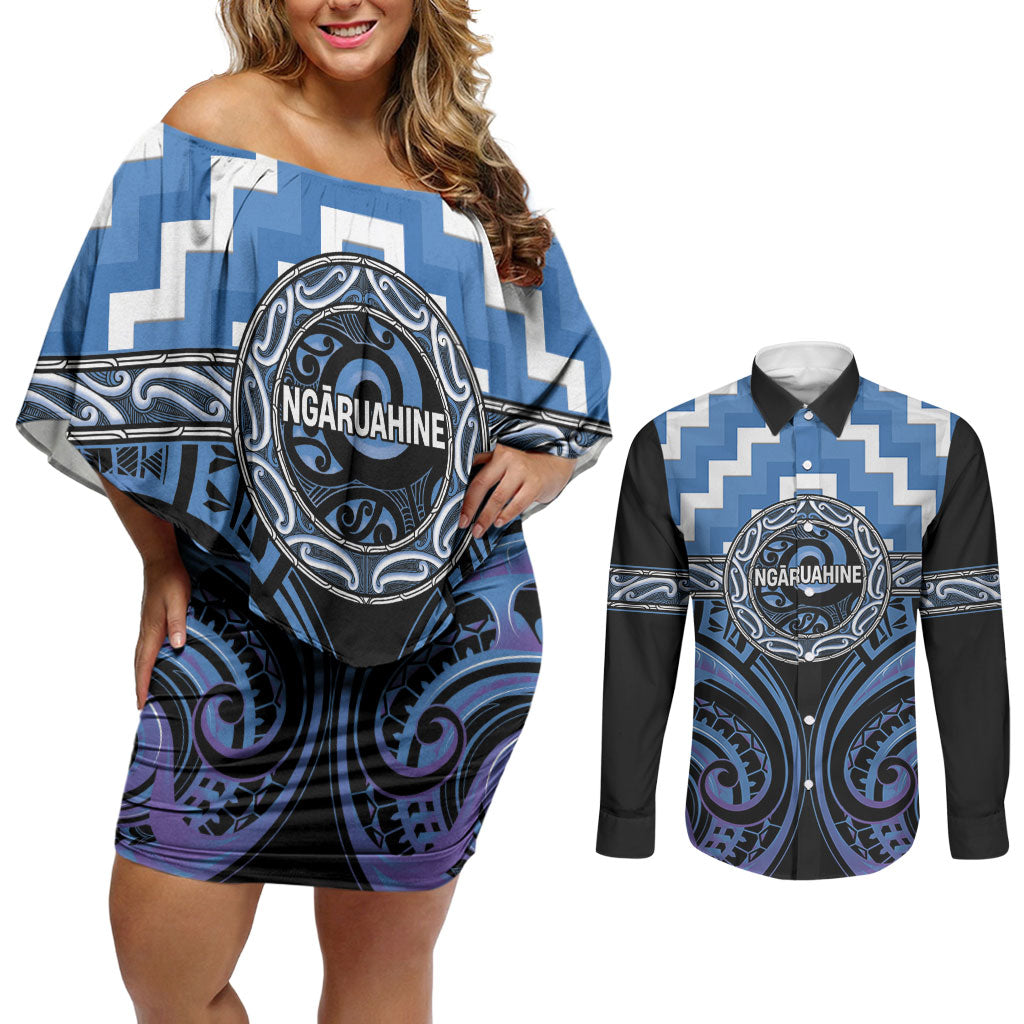 Aotearoa Ngaruahine Personalised Couples Matching Off Shoulder Short Dress and Long Sleeve Button Shirt Maori Iwi Poutama Puhoro Tattoo