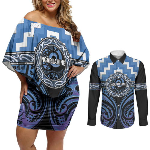Aotearoa Ngaruahine Personalised Couples Matching Off Shoulder Short Dress and Long Sleeve Button Shirt Maori Iwi Poutama Puhoro Tattoo