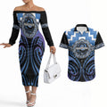 Aotearoa Ngaruahine Personalised Couples Matching Off The Shoulder Long Sleeve Dress and Hawaiian Shirt Maori Iwi Poutama Puhoro Tattoo